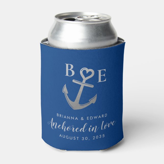 Rafraîchisseur Pour Canette Ancre Coeur Romantique Bleu Mariage nautique Argen (Can devant)