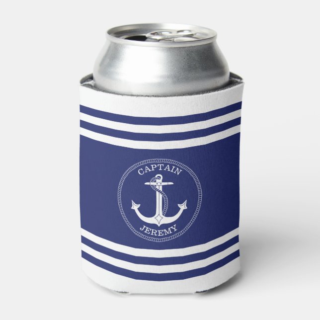 Rafraîchisseur Pour Canette Ancre marine Bleu Bleu Blancs Monogramme (Can devant)