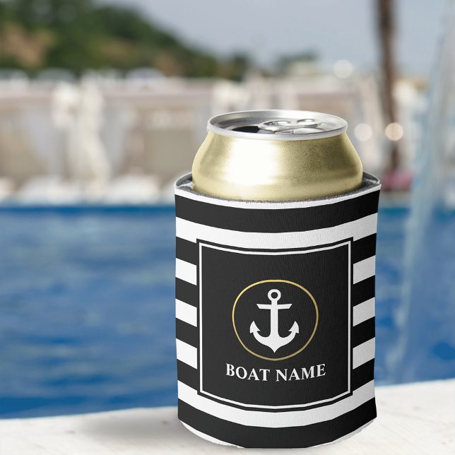 Rafraîchisseur Pour Canette Ancre nautique Gold Black Stried Boat Nom (Customize to change text size or text style.)