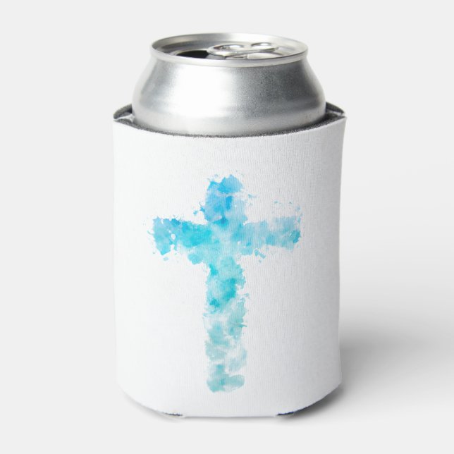 Rafraîchisseur Pour Canette Aquarelle bleue Croix chrétienne Baptême (Can devant)
