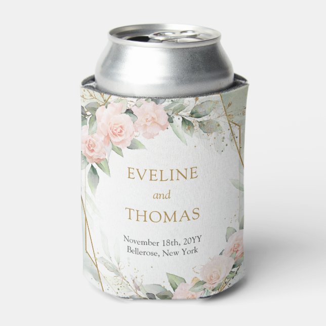 Rafraîchisseur Pour Canette Aquarelle Blush roses eucalyptus or mariage (Can devant)