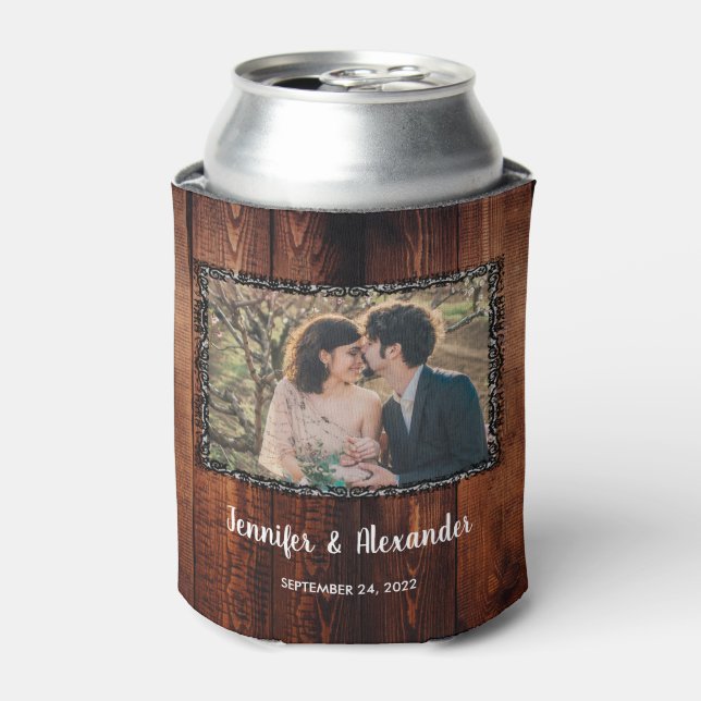 Rafraîchisseur Pour Canette Aquarelle feuille rustique bois photo mariage peut (Can devant)