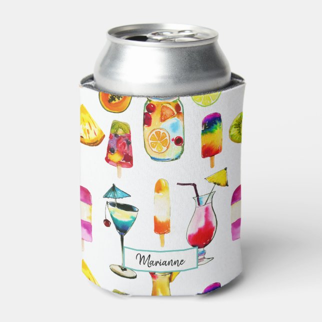 Rafraîchisseur Pour Canette Aquarelle Fruits tropicaux, Jus, Cocktail (Can devant)