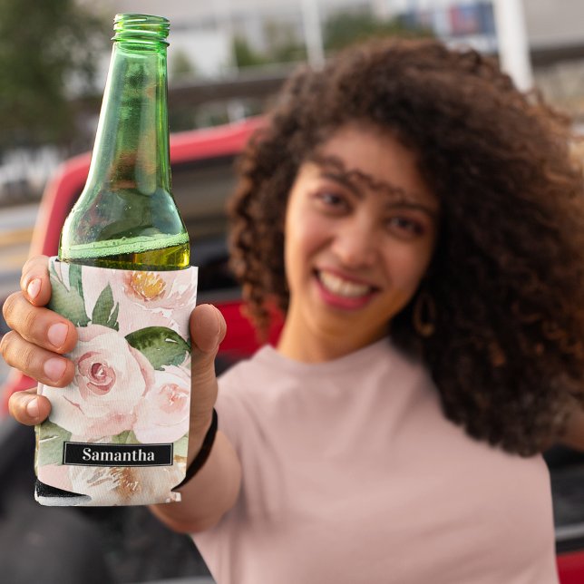 Rafraîchisseur Pour Canette Aquarelle Pastel Pink moderne Fleurs & Nom (Créateur téléchargé)