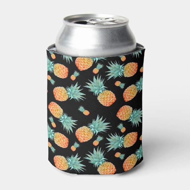 Rafraîchisseur Pour Canette Aquarelle Tropical Ananas Cool Noir (Can devant)