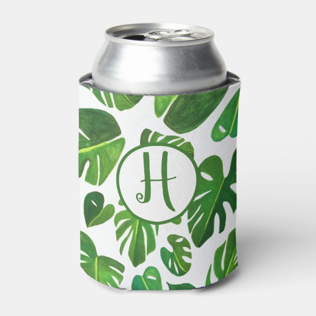 Rafraîchisseur Pour Canette Aquarelle Tropicale Monstera Blanc Vert CUSTOM (Can devant)