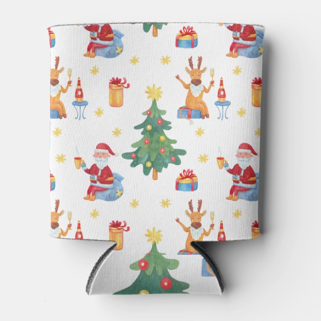 Rafraîchisseur Pour Canette Arbres de Noël, Père Noël : motif aquarelle. (Devant)