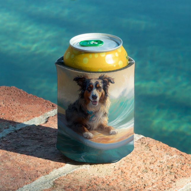 Rafraîchisseur Pour Canette Australian Shepherd Beach Surfing Peinture (Piscine in situ)