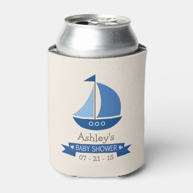 Rafraîchisseur Pour Canette Bateau à voile bleu, Baby shower nautique (Can devant)