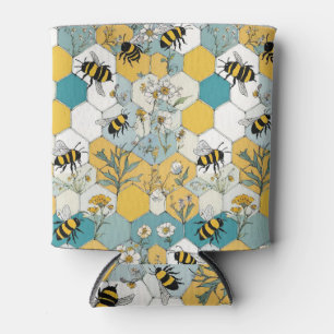 Rafraîchisseur Pour Canette Bees Floral Honeycomb Jaune et Turquoise
