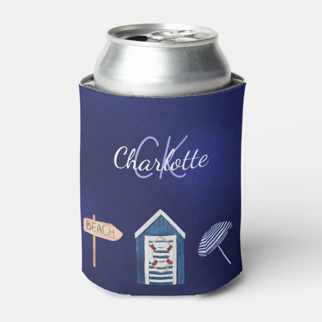 Rafraîchisseur Pour Canette Blanc monogramme de piscine de plage bleu marine (Can devant)