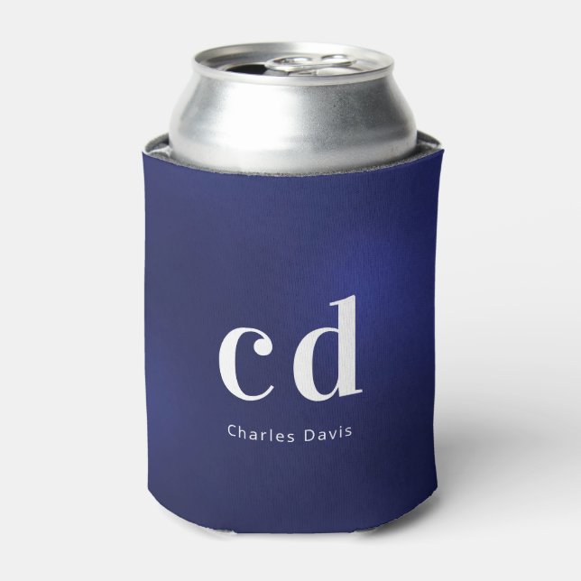 Rafraîchisseur Pour Canette Blanc monogramme initiales nom marine bleu (Can devant)