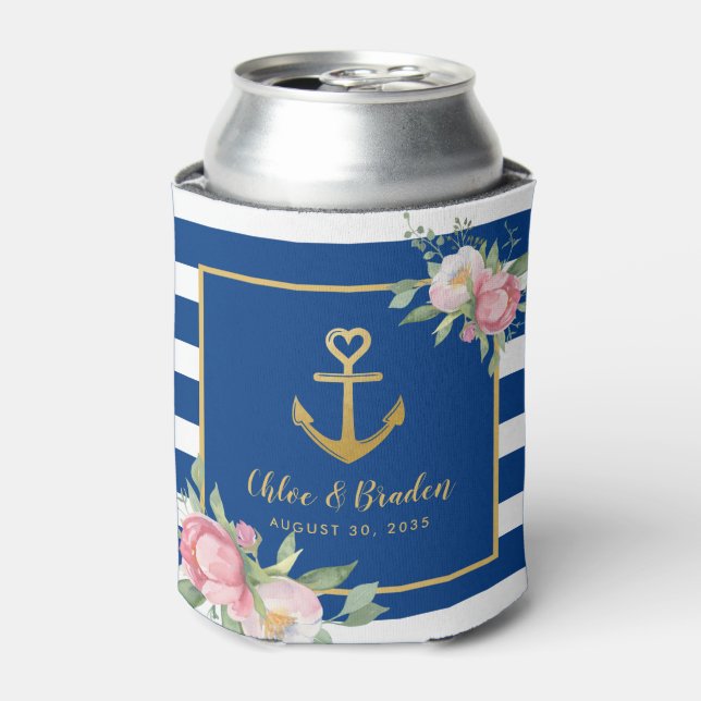 Rafraîchisseur Pour Canette Bleu nautique Blancs Ancre Mariage de coeur (Can devant)