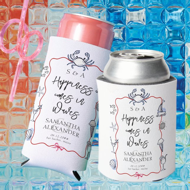 Rafraîchisseur Pour Canette Blue Crab Seafood Doodle Beach Destination Wedding (Coastal Maine Beach Blue Crab Doodles Destination Wedding Favors Can Cooler Elegant Preppy Script)