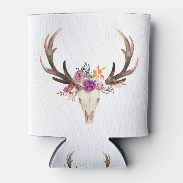 Rafraîchisseur Pour Canette bohème, crâne taureau, bois, floral boho (Devant)