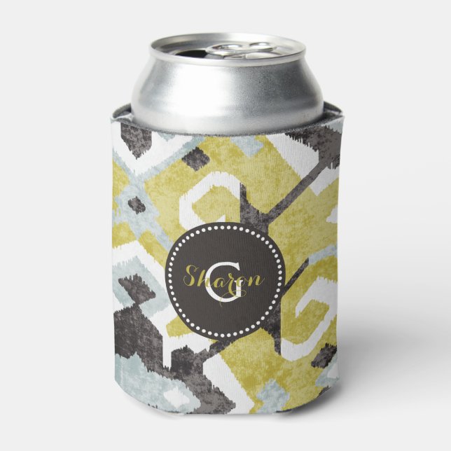 Rafraîchisseur Pour Canette Boho chic jaune ikat motif tribal monogramme (Can devant)