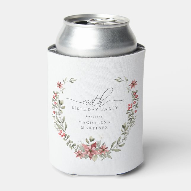 Rafraîchisseur Pour Canette Boho Winter Greenery Red Floral 100e anniversaire (Can devant)