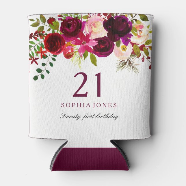 Rafraîchisseur Pour Canette Bourgogne Floral Boho 21e fête d'anniversaire (Devant)