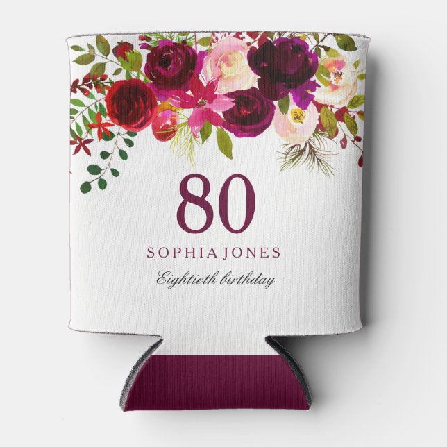Rafraîchisseur Pour Canette Bourgogne Floral Boho 80e anniversaire (Devant)