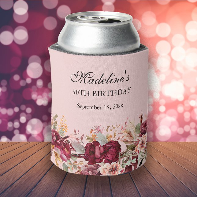 Rafraîchisseur Pour Canette Bourgogne rose Florale femme 50e anniversaire (Pink and burgundy floral women's birthday party custom can Koozie)
