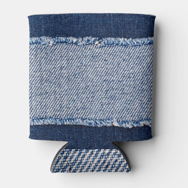 Rafraîchisseur Pour Canette Cadre de jean bleu denim fringé. (Devant)