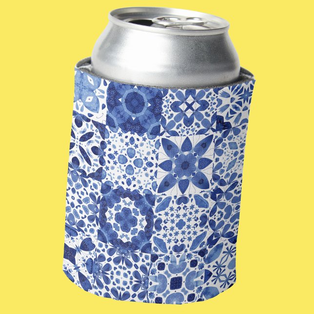 Rafraîchisseur Pour Canette Carreaux Bleus Bleu Méditerranéen Motif Aquarelle (Mediterranean blue and white watercolor geometric tile pattern can cooler)