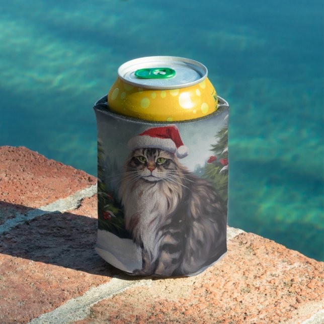 Rafraîchisseur Pour Canette Chat Maine Coon à Noël de neige (Piscine in situ)