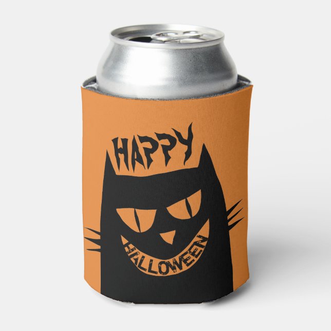 Rafraîchisseur Pour Canette Chat noir d'Halloween déplaisant sur Orange (Can devant)