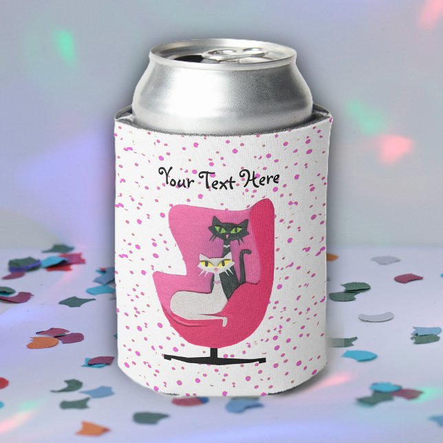 Rafraîchisseur Pour Canette Chats Blancs Blancs Blancs Blancs Pink Pois (Pretty atomic 1950's cats sitting in pink chair on white with pink polka dots drink can cooler.)