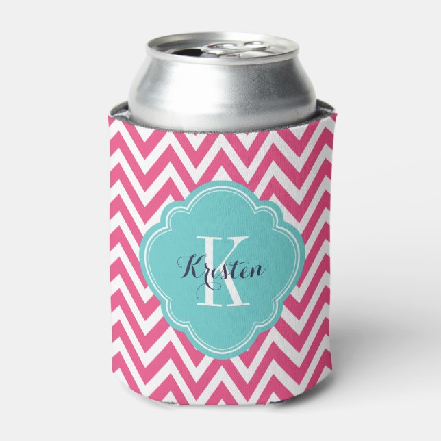 Rafraîchisseur Pour Canette Chaud rose et turquoise Chevron Monogramme (Can devant)
