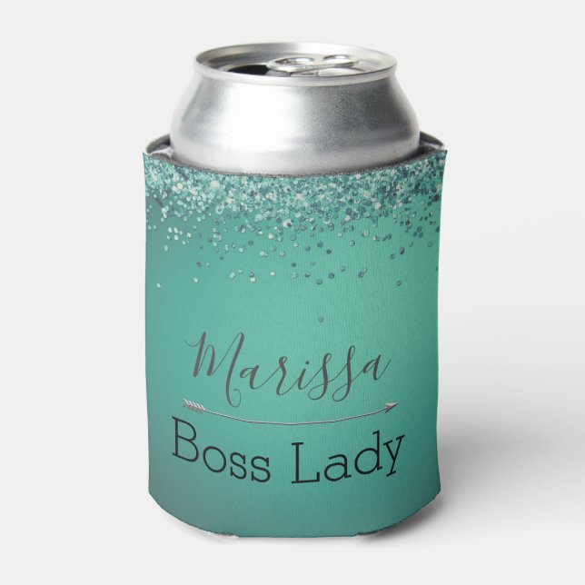 Rafraîchisseur Pour Canette Chic Glitterie Turquoise Personnalisé Boss Lady (Can devant)