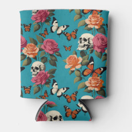 Rafraîchisseur Pour Canette Crânes Roses et papillons Floral Turquoise