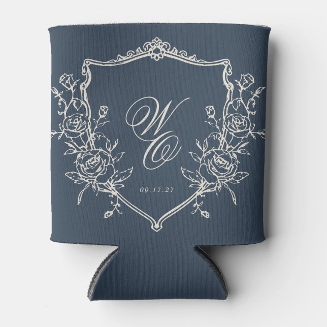 Rafraîchisseur Pour Canette crête bleu marine classique Monogramme Mariage Cad (Devant)