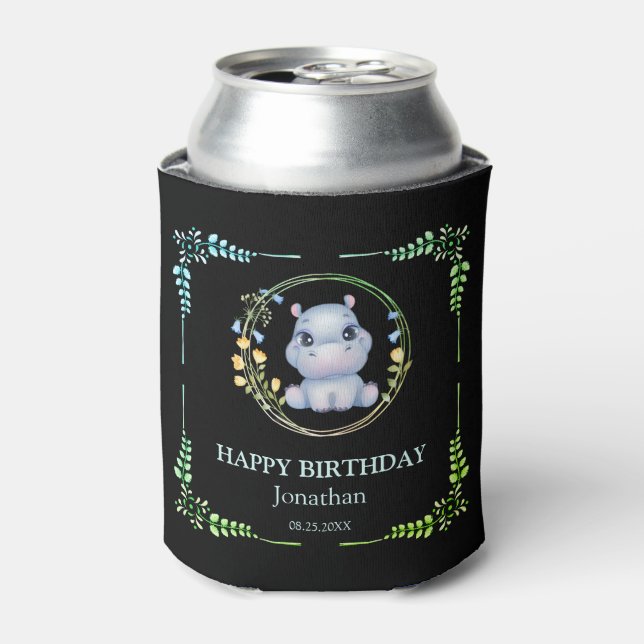 Rafraîchisseur Pour Canette Cute Hippopotamus Fleur Wreath Anniversaire Noir (Can devant)
