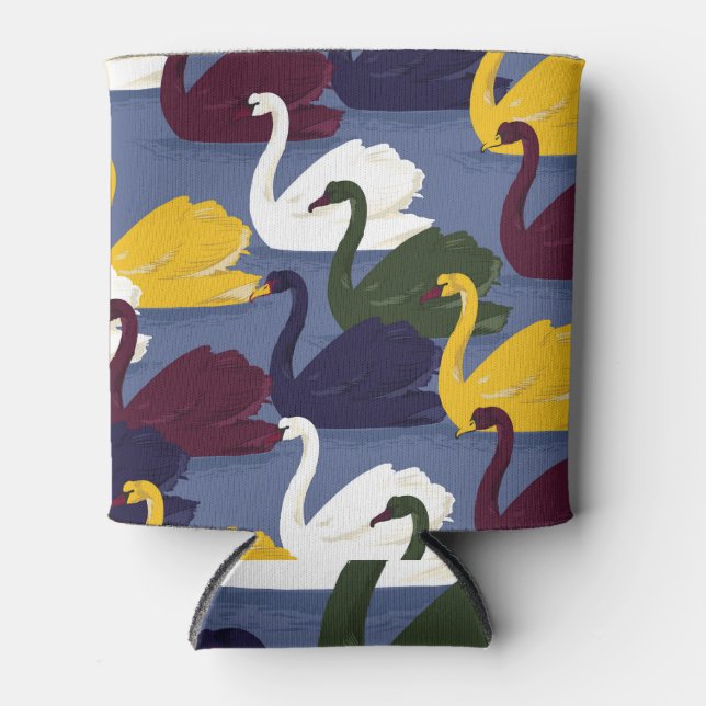 Rafraîchisseur Pour Canette Cygnes dessinés à la main, motif bleu du lac. (Devant)