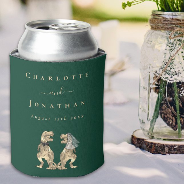Rafraîchisseur Pour Canette Dinosaur Thème Mariage Vert foncé (Dinosaur wedding personalized dark green bride and groom names fun T-Rex dino couple Can cooler)