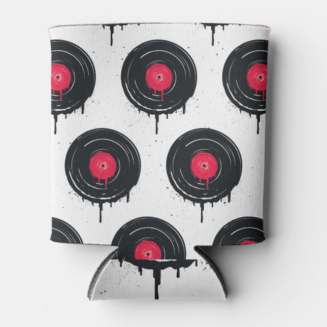 Rafraîchisseur Pour Canette disques vinyliques fondus, motif artistique. (Devant)