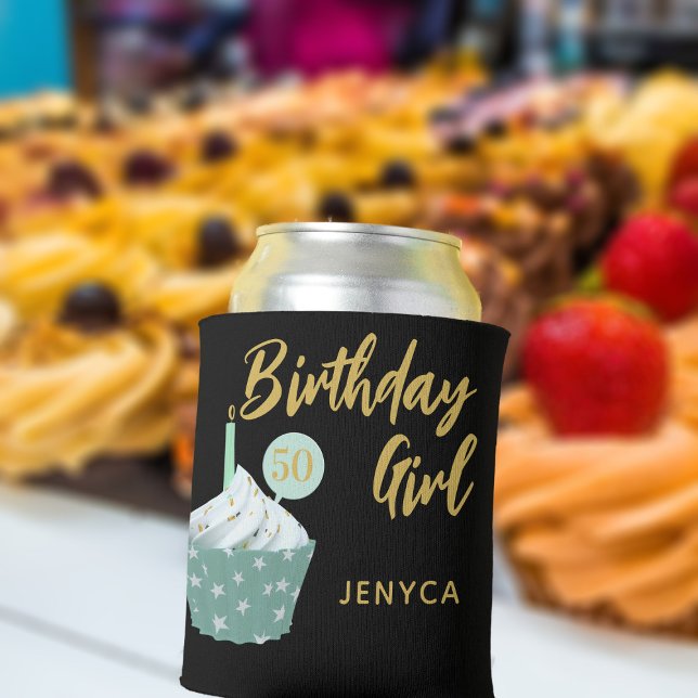 Rafraîchisseur Pour Canette Élégante 50e anniversaire fille Cupcake Party Noir (Add your name and age to this birthday cupcake can cooler)