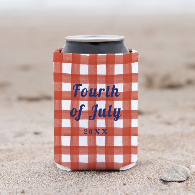 Rafraîchisseur Pour Canette en vichy 4 juillet (Red and white gingham blue text fourth of july can cooler.)