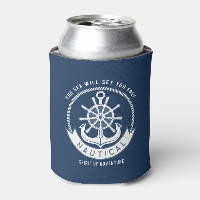 Rafraîchisseur Pour Canette Esprit nautique Ancre, Roue, Bleu marine (Can devant)