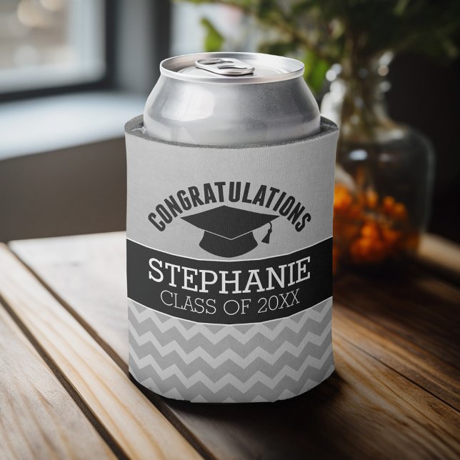 Rafraîchisseur Pour Canette Félicitations Diplômé - Silver Black Graduation (Personalized can cooler with a place to add a name or other custom text - graduation theme)