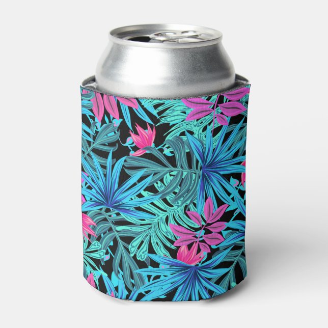 Rafraîchisseur Pour Canette Feuilles tropicaux bleu et rose (Can devant)