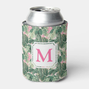 Rafraîchisseur Pour Canette Feuilles tropicaux verts et roses   Monogramme Cab