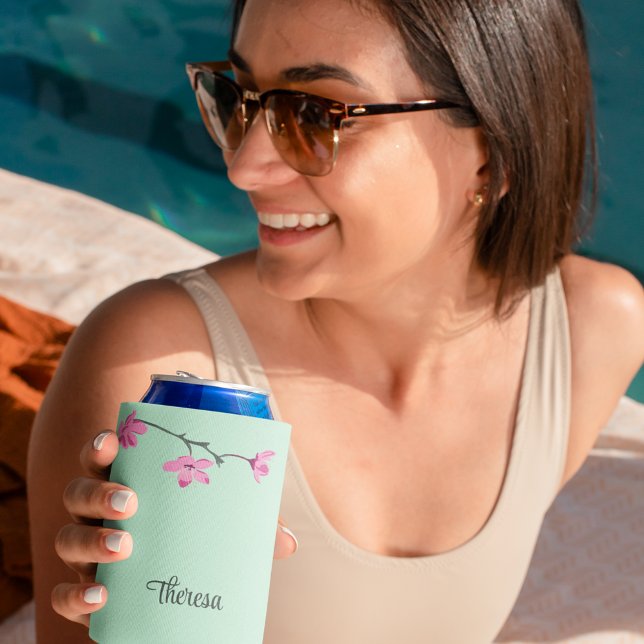 Rafraîchisseur Pour Canette Fleur de cerisier rose personnalisé vert (Créateur téléchargé)