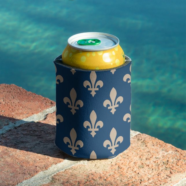 Rafraîchisseur Pour Canette Fleur de Lis Motif, Royal French, Crème sur Blue (Piscine in situ)