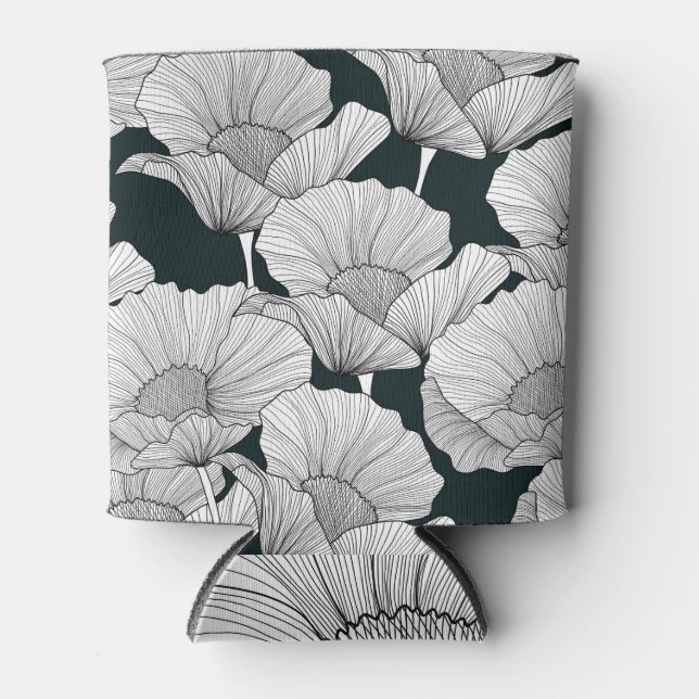 Rafraîchisseur Pour Canette Fleur de pavot, ligne blanche noire. (Devant)