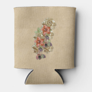 Rafraîchisseur Pour Canette Fleurs en cuir sur daim crème