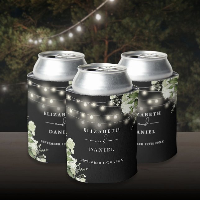 Rafraîchisseur Pour Canette Floral Chaîne Éclairage Mariage noir et blanc (Floral String Lights Black And White Wedding Can Cooler)