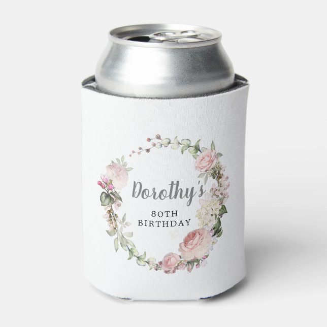 Rafraîchisseur Pour Canette Floral rose rustique 80e anniversaire Merci (Can devant)