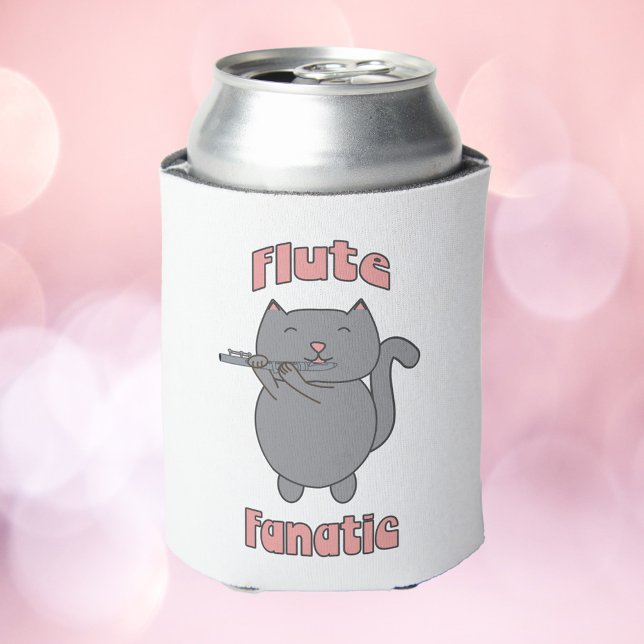 Rafraîchisseur Pour Canette Flute Fanatic Cat Cute Musician Kitty Design (A can cooler featuring a gray cat playing the flute with the words Flute Fanatic)